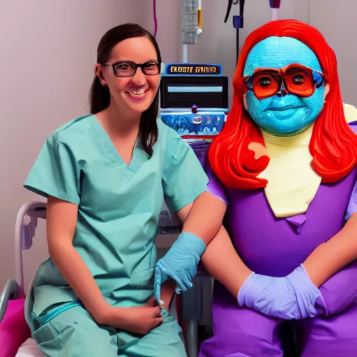 Image similar to photo of a happy patient and doctor or nurse in a hospital room made out of soft candy, candy hospital equipment, candy hospital room, candy treatments, oompa loompa virus, willy wonka pandemic