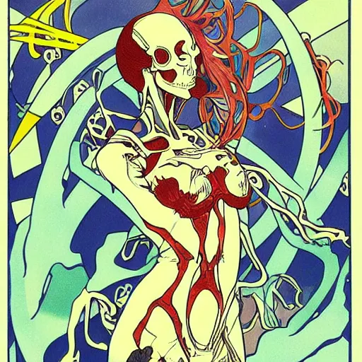 Prompt: anime manga skull portrait girl female skeleton astronaut illustration 80s art frank miller Ditko and alphonse mucha pop art nouveau