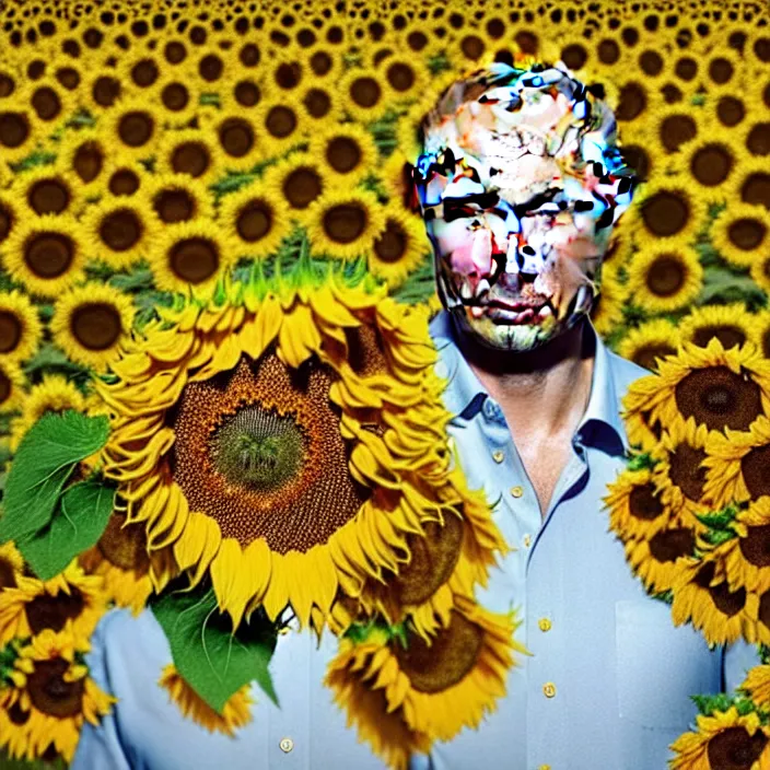 Image similar to photo portrait of Putin - sunflowers - dressed in leisure shirt with ornamental ethereal sunflower pattern, natural skin tone, raging war and explosions in the background, face is highly detailed, elegant, Realistic, Refined, Highly Detailed, natural soft pastel lighting colors scheme, fine art photography by Cecil Beaton, volumetric lighting, hyper realistic photography