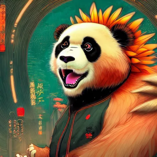 Image similar to a beautiful hyperdetailed character design 4 k wallpaper illustration of a cute panda with a chinese lion dance head victo ngai cyberpunk style, from china, style of studio ghibli, makoto shinkai, raphael lacoste, louis comfort tiffany, artgerm, james jean, ross tran, chinese style