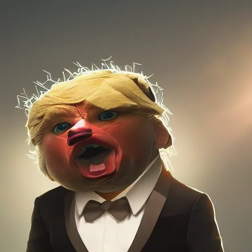 Image similar to portrait of donald trump fursuit, amazing splashscreen artwork, natural light, elegant, photorealistic felt texture, intricate, detailed, atmospheric lighting, anamorphic lens flare, cinematic lighting, hd wallpaper, ultra high details by greg rutkowski