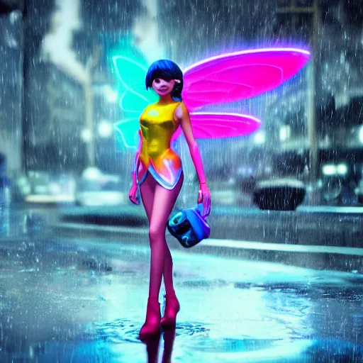 Image similar to stylish magical fairy, splashes of neon, cartoon portrait made out of rain, trending on artstation, epic composition, beautiful, rendered in octane, unreal engine, highly detailed, realistic