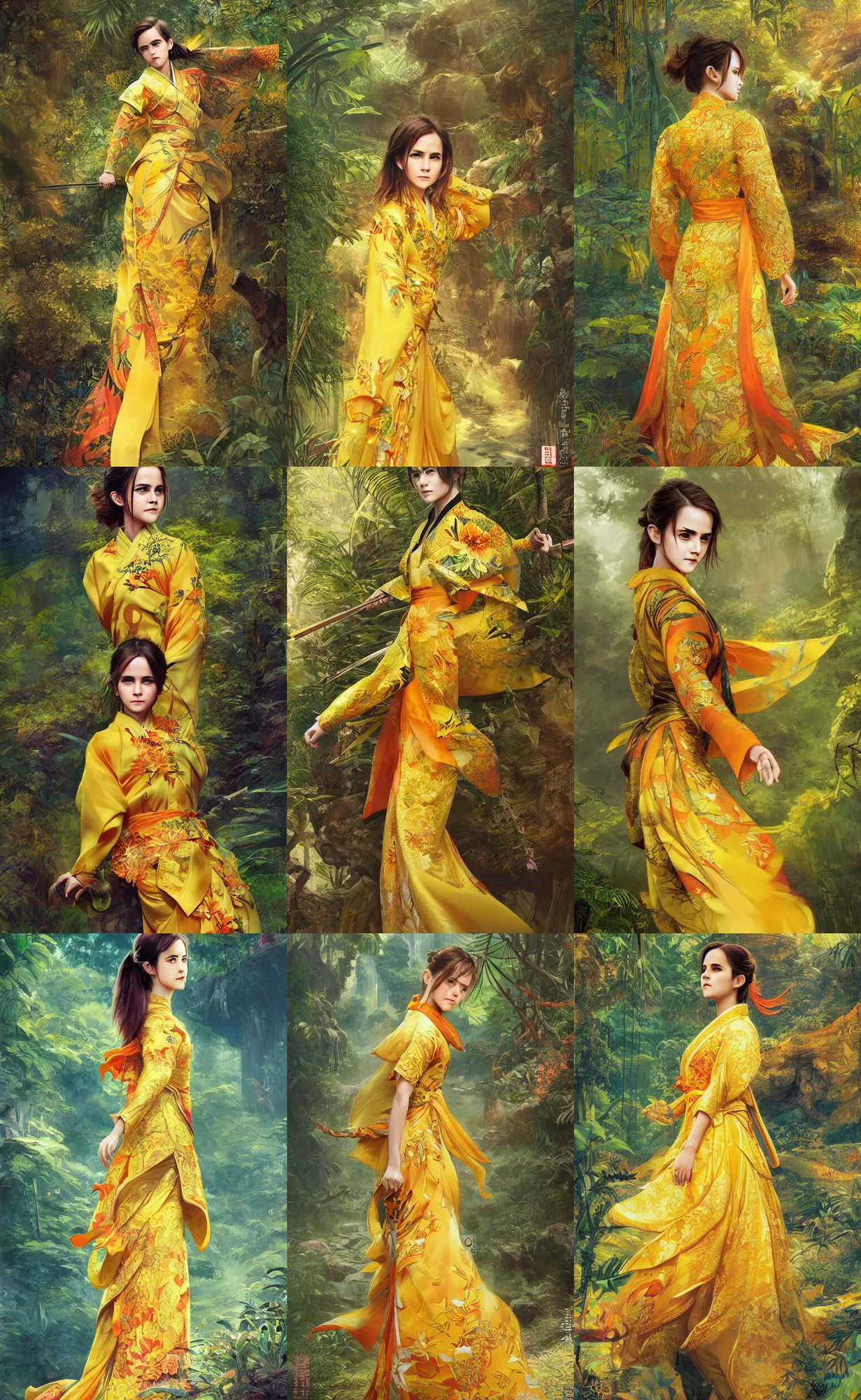 Prompt: asian emma watson wearing golden yellow and orange furisode, full shot, jungle background, intricate, highly detailed, concept art, sharp focus, illustration, artgerm, ruan jia, jurgens, aleksi briclot, mucha