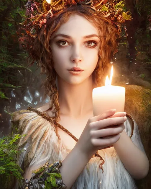 Image similar to portrait high definition photograph cute girl holding a candle fantasy character art, hyper realistic, pretty face, hyperrealism, iridescence water elemental, snake skin armor forest dryad, woody foliage, 8 k dop dof hdr fantasy character art, by aleski briclot and alexander'hollllow'fedosav and laura zalenga