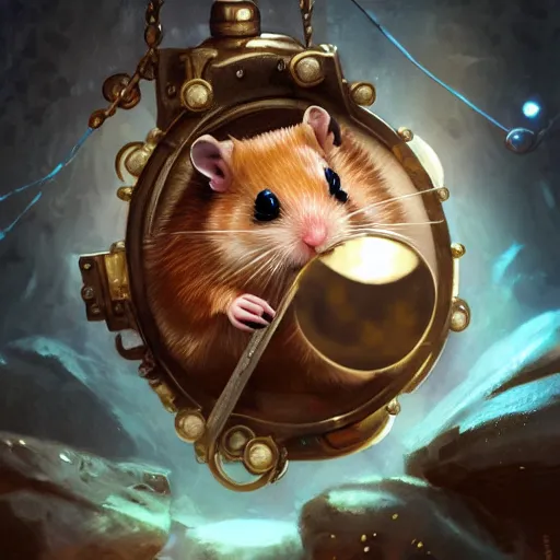 Image similar to oil painting of anthropomorphized hamster holding shiny gem, steampunk clothes, close shot, full body, dark steampunk mine shaft background, sharp focus, fantasy style, octane render, volumetric lighting, 8k high definition, by greg rutkowski, highly detailed, trending on art Station, dungeons and dragons artwork, centered