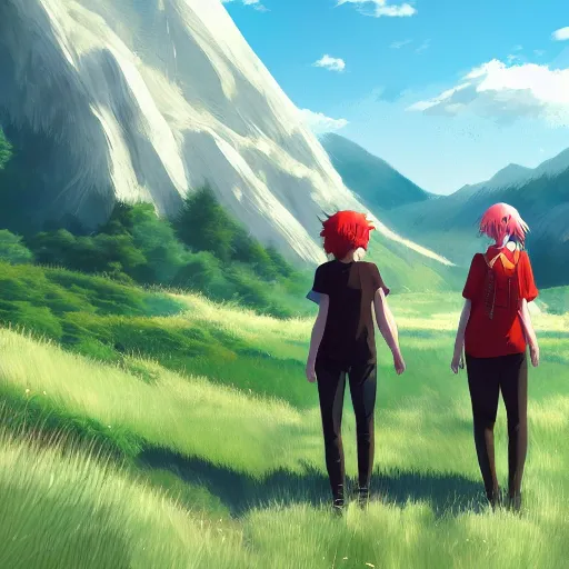 Prompt: two friends, blonde hair, red hair, fields in the background, mountains, highly detailed, artstation, by makoto shinkai