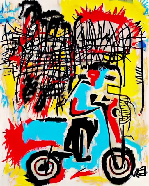 Image similar to asian school boy riding moped in the style of jean - michel basquiat, makoto kobayashi