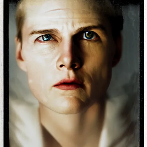 Image similar to realistic expired fuji film portrait of white albino tom cruise mix, hyperrealism, photorealistic, detailed, atmospheric, 8 k, award winning photography, cinematic