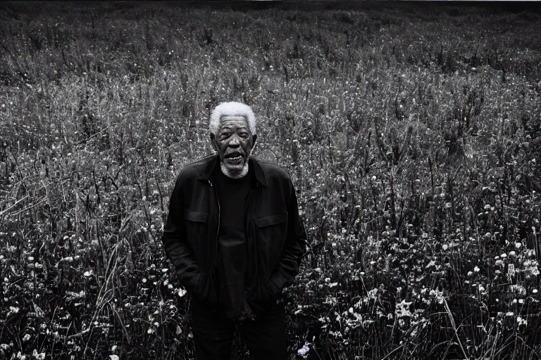 Prompt: morgan freeman alone in a field, a high contrast hyper detailed black and white studio portrait photo, shot in area x from the movie annihilation, by beau brashares, pinhole photography