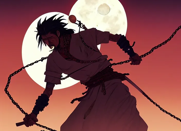 Image similar to samurai vagabond WITH A MOON BEHIND , HAS 4 HANDS ARMS AND IS WRAPPED IN CHAINS, manga,detailed, studio lighting, gradation,editorial illustration, matte print, Ilya Kuvshinov, concept art, digital