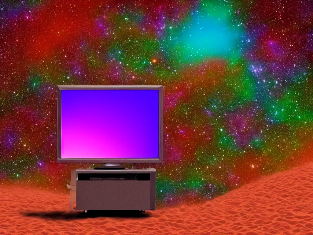 Image similar to purple television, red sand beach, green ocean, nebula sunset