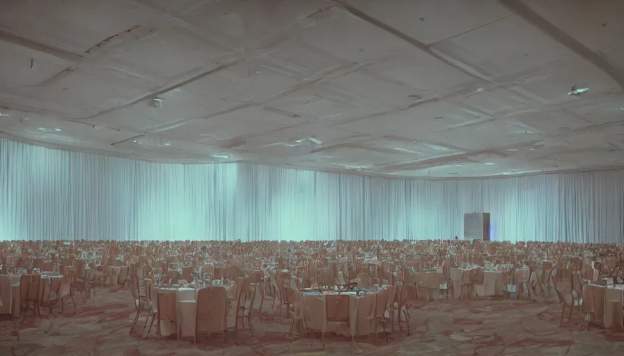 Image similar to 70s movie still of a wide ballroom and a high ceiling, cinestill 800t Technicolor, heavy grain, high quality, criterion collection, liminal space style