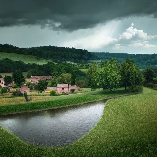 Prompt: dordogne typical landscape, hills in the background, summer, river, ultra detailed, ultra sharp, award winning. 8 k, flowers, trees, old house, thunderstorm and rain, very dark clouds. heavy rain, octane render.
