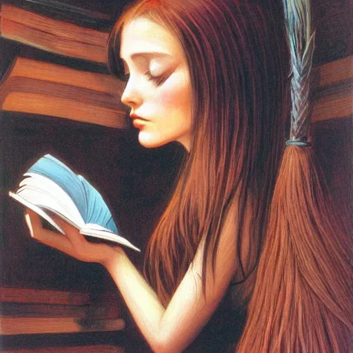 Prompt: a girl reading book, hair flowing down, by Gerald Brom