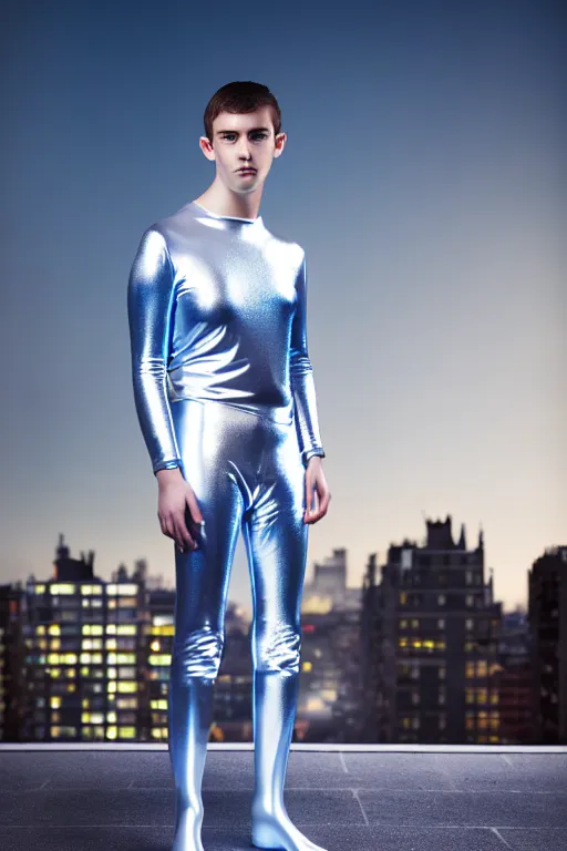 Image similar to un ultra high definition studio quality photographic art portrait of a young man standing on the rooftop of a british apartment building wearing soft baggy inflatable padded silver iridescent pearlescent clothing. three point light. extremely detailed. golden ratio, ray tracing, volumetric light, shallow depth of field. set dressed.