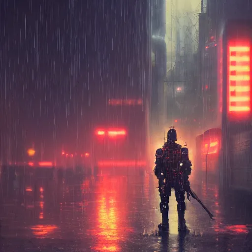 Prompt: cyberpunk soldier in neon city, raining, cinematic lighting, 4 k, by greg rutkowski