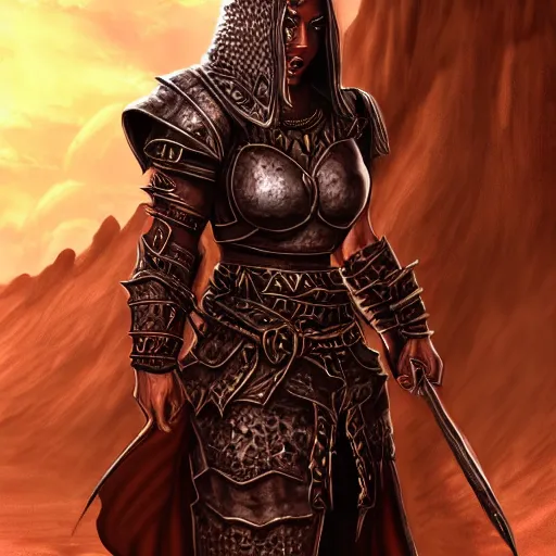 Image similar to unknown the elder scrolls vi hammerfall, charismatic rugged female redguard character portrait partially clothed in hooded metal - plated exquisitely detailed hooded battle armour, desert, tropical jungle setting, atmospheric lighting, painted, intricate, volumetric lighting, beautiful, rich deep colours masterpiece, sharp focus, ultra detailed