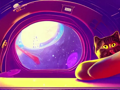 Prompt: cat in space station, digital painting, dramatic lighting, highly detailed, artstation, concept art