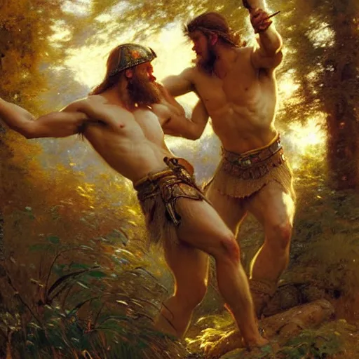 Image similar to 2 attractive male vikings frolicking in the forest. highly detailed painting by gaston bussiere, craig mullins, j. c. leyendecker, 8 k