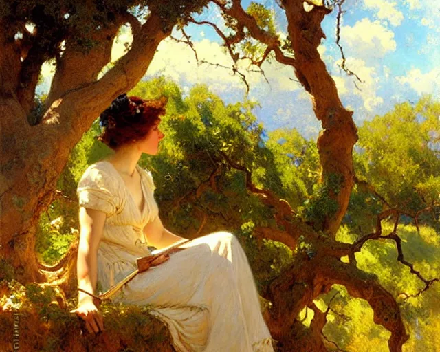 Image similar to painter painting underneath oak tree, painting by gaston bussiere, craig mullins, j. c. leyendecker