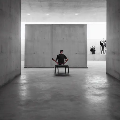 Prompt: a man taking a selfie in a minimalistic concrete room, standing on the edge of a rectangular pond in the center of the room surrounded by upholstered sofas, a tilt shift photo by leandro erlich, featured on cg society, kitsch movement, hall of mirrors, high dynamic range, studio portrait