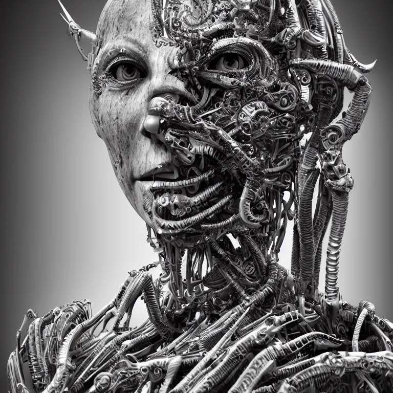 Image similar to surreal biomechanical spinal ribbed tribal exotic organic face portrait of mechanical cyborg, beautiful detailed intricate insanely detailed BW 3D render digital art, octane render, 8K artistic photography, photorealistic