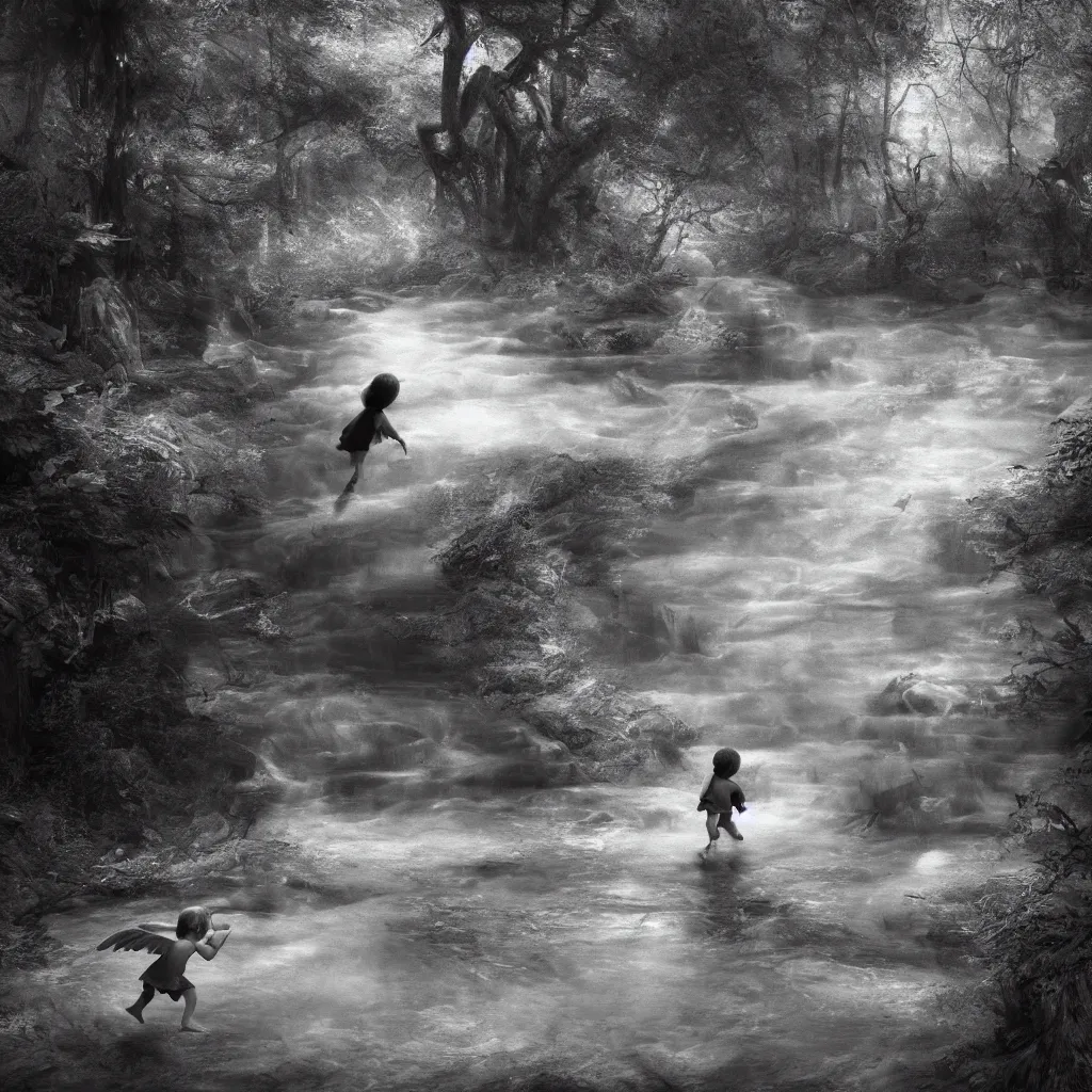 Image similar to an angel chasing a child through a creek in the woods, bad dream, hazy memory, volumetric, hyper realistic, octane render, dark black and white in the style of alvin schwartz, epic angles