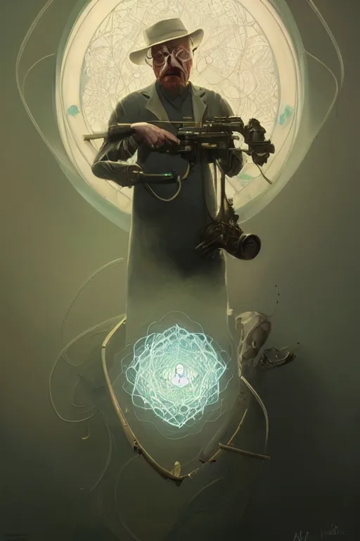 Prompt: heisenberg, breaking bad, hyper detailed, digital art, ue, artstation, natural lighting, studio quality, smooth render, art nouveau, artgerm, greg rutkowski, peter mohrbacher, hajime sorayama, boris vallejo, craig mullins, intricate fractal lace