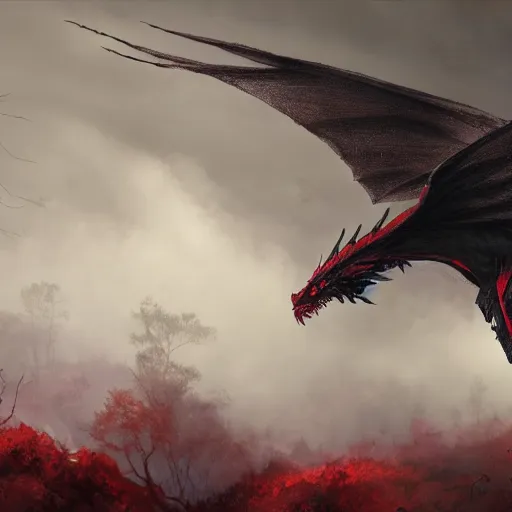 Image similar to cinematic shot of a black with red strips dragon flying over the forest with his wings white digital painting, artstation, concept art, soft light, hdri, smooth, sharp focus, illustration, fantasy, intricate, elegant, highly detailed, D&D, matte painting, in the style of Greg Rutkowski and Alphonse Mucha and artemisia, 8k, highly detailed, jurgens, rutkowski, bouguereau, pastoral, rustic, georgic