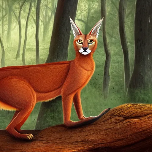 Prompt: photo of a cate caracal in the woods ilustration, concept art, sharp focus, ArtStation