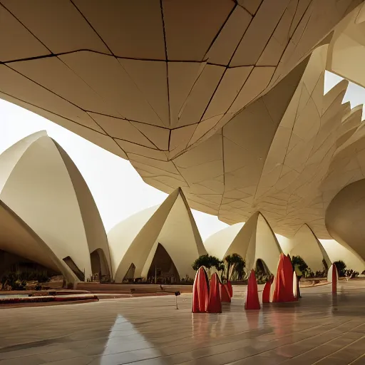 Prompt: entrance foyer of a futuristic lotus temple with gold, red and white marble panels, in the desert, by buckminster fuller and syd mead, intricate contemporary architecture, photo journalism, photography, cinematic, national geographic photoshoot