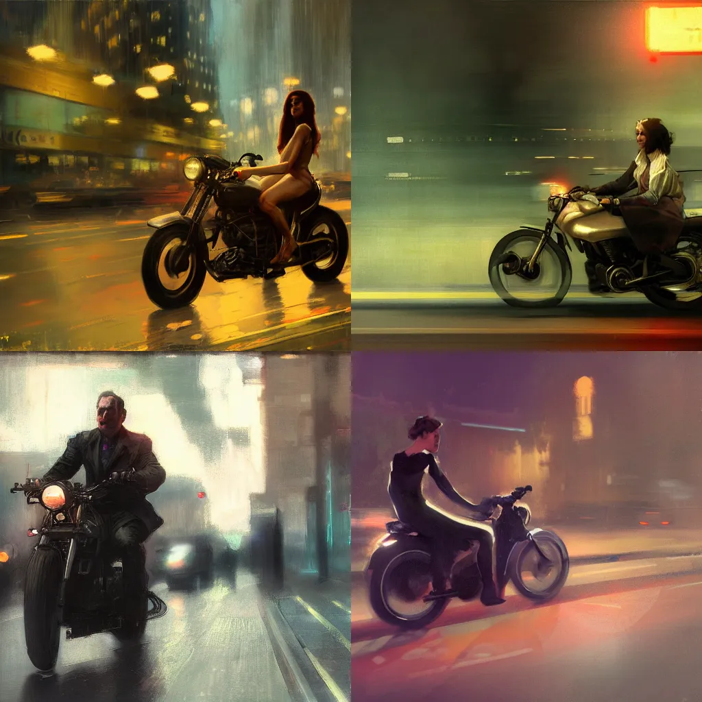 Prompt: a photography of a man dressed as a woman, speeding on motorcycle, artwork by jeremy mann and alphonse mucha,, photo realistic, high detail, night street, night time, digital painting, artstation, concept art, unreal engine render