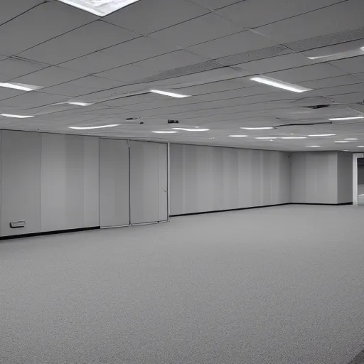 Image similar to photo of an empty 1 9 7 0 s office building, liminal space, grainy, compression artifacts