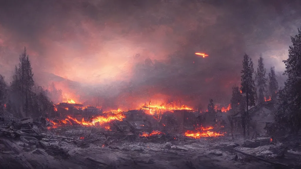 Prompt: star destroyer hovering over a burning destroyed city in snowy valley by eugene von guerard, ivan shishkin, dramatic lighting, concept art, trending on artstation, 8 k