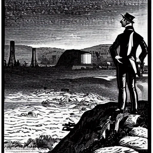 Image similar to 19th century wood-engraving of a man looking at a nuclear powerplant in the background, whole page illustration from Jules Verne book, art by Édouard Riou Jules Férat and Henri de Montaut, high quality, beautiful