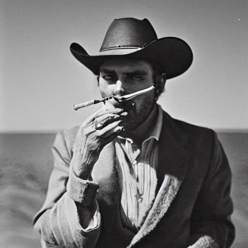 Image similar to “photograph of a 1800's cowboy with a cigarette in his mouth at the beach, detailed”