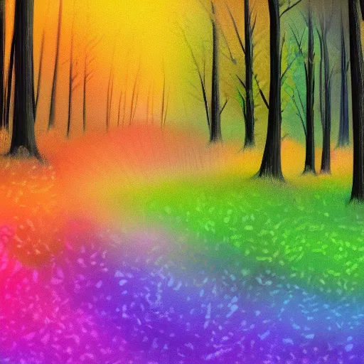 Prompt: a rainbow in the forest, digital art