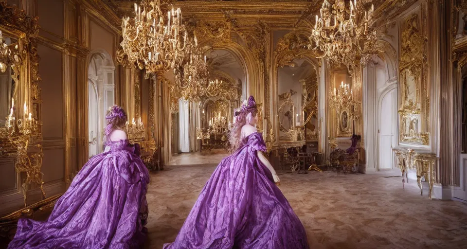 Prompt: highly detailed photo of a long hair princess walking in a baroque dreamy room full of renaissance furniture, cinematic lighting, intricate, 4k resolution, elegant, gold and purple