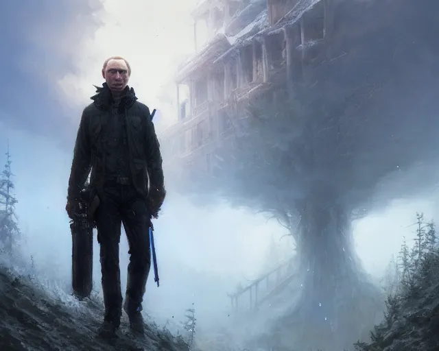 Image similar to highly detailed portrait of a vladimir putin, in the walking dead, stephen bliss, unreal engine, fantasy art by greg rutkowski, loish, rhads, ferdinand knab, makoto shinkai and lois van baarle, ilya kuvshinov, rossdraws, tom bagshaw, global illumination, radiant light, detailed and intricate environment