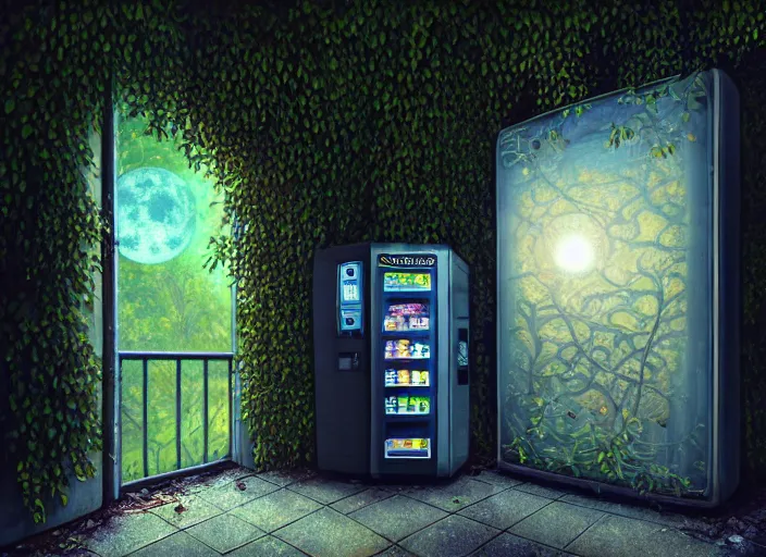 Image similar to close up of a vending machine in an abandoned shopping mall, big trees, overgrown by flower, vines, at night, rays of moonlight, full moon, hyperrealistic, highly detailed, oil painting, intricate, cgsociety, artstation, 8 k, cinematic, soft lighting, by greg rutkowski, by wlop, by artgerm