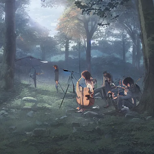 Prompt: emo band playing music performing in the woods, hyperrealistic, trending on pixiv fanbox, painted by greg rutkowski makoto shinkai takashi takeuchi studio ghibli, akihiko yoshida