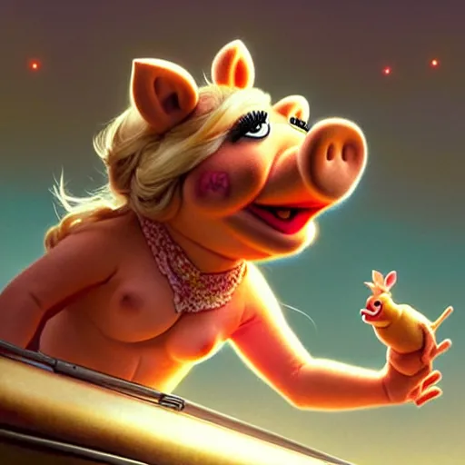 Prompt: miss piggy escaping from plane, cute and cuddly, highly detailed, photorealistic, octane render, 8 k, unreal engine. art by artgerm and greg rutkowski and alphonse mucha