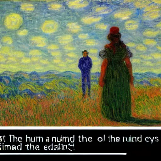 Image similar to painting of the last human on Earth standing watching the end of the world, in the style of Claude Monet and Vincent Van Gogh and Edward Hopper