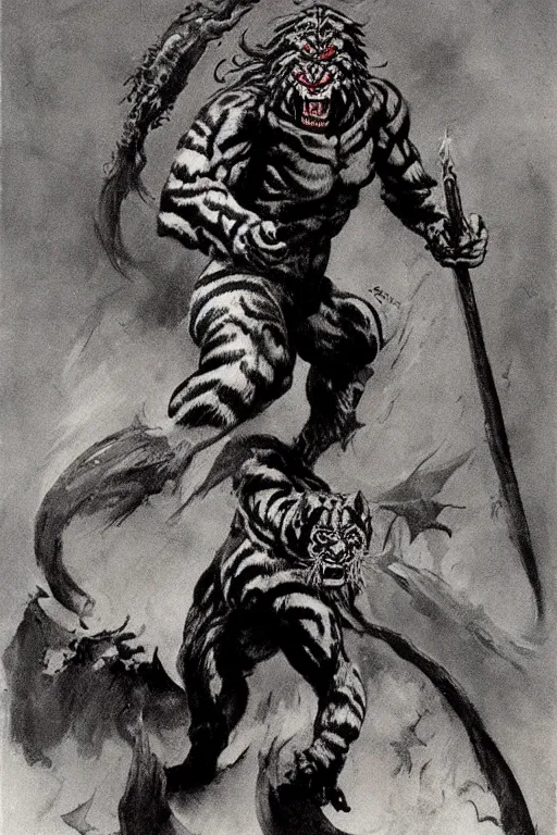 Prompt: tigerman fire wizard, full body dynamic pose. by Frank Frazetta.