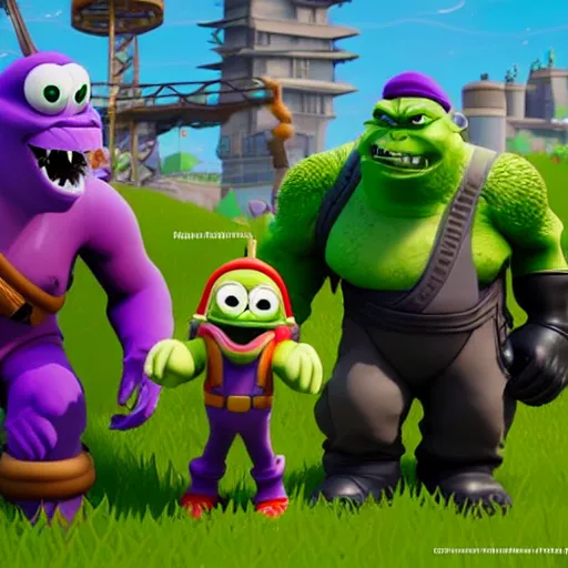 Image similar to fortnite godzilla yoda donkey kong pikachu yeti shrek super mario homer groot waluigi darth vader mike wazowski, highly detailed, extremely high quality, hd, 4 k, 8 k, professional photographer, 4 0 mp, lifelike, top - rated, award winning, cinematic, realistic, detailed lighting, detailed shadows, sharp, no blur, edited, corrected, trending