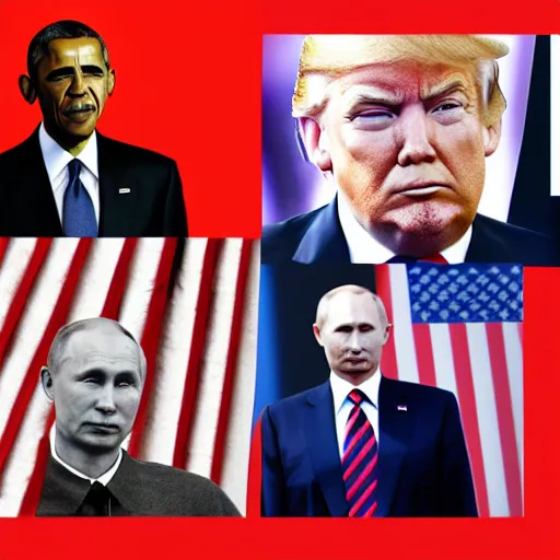 Image similar to obama with an american flag wrapped around his head, trump and putin in greyscale look on forebodingly in the background, red chinese flowers in the background, chinese characters in the foreground