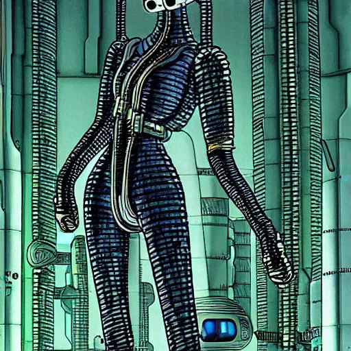 Image similar to portrait turanga leela from futurama in futuristic city, by tsutomu nihei, by h. r. giger