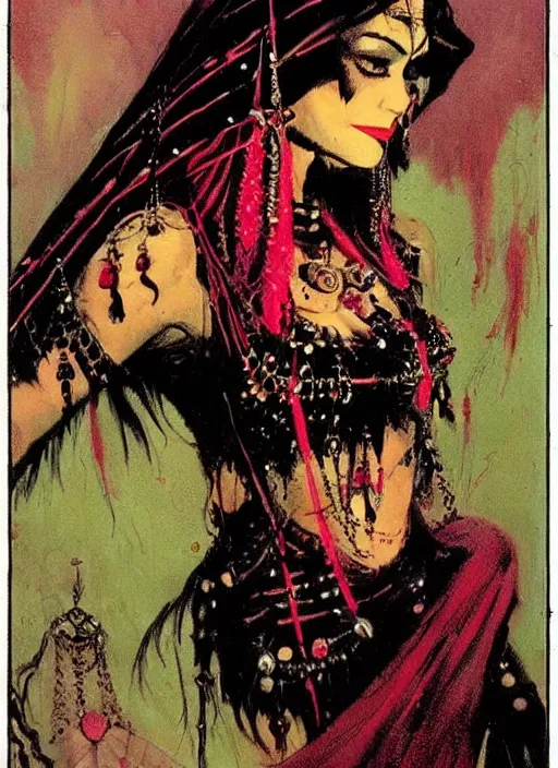 Image similar to female indian vampiress, jeweled veil, strong line, saturated color, beautiful! coherent! by frank frazetta, high contrast