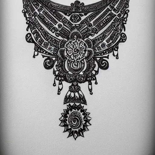 Image similar to black and white opulent feminine jewellery ornate tribal necklace tattoo design sketch on paper