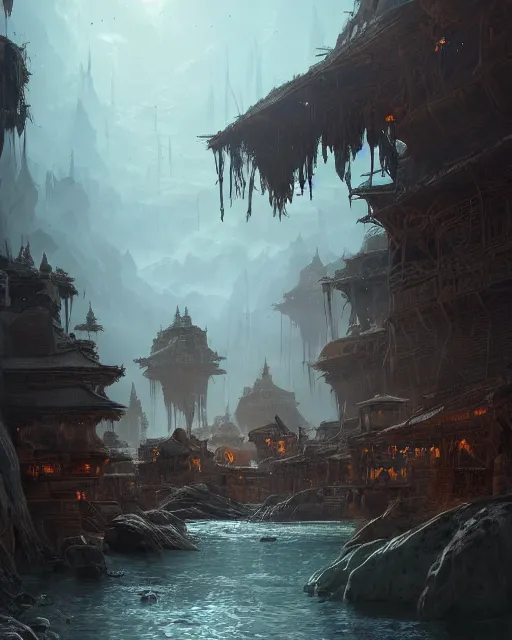 Prompt: a trading center used by the ancient tribes, considered one of the most dangerous places in the world, environment art, fantasy art, landscape art, in the style of greg rutkowski, illustration, epic, fantasy, intricate, hyper detailed, artstation, concept art, smooth, sharp focus, ray tracing